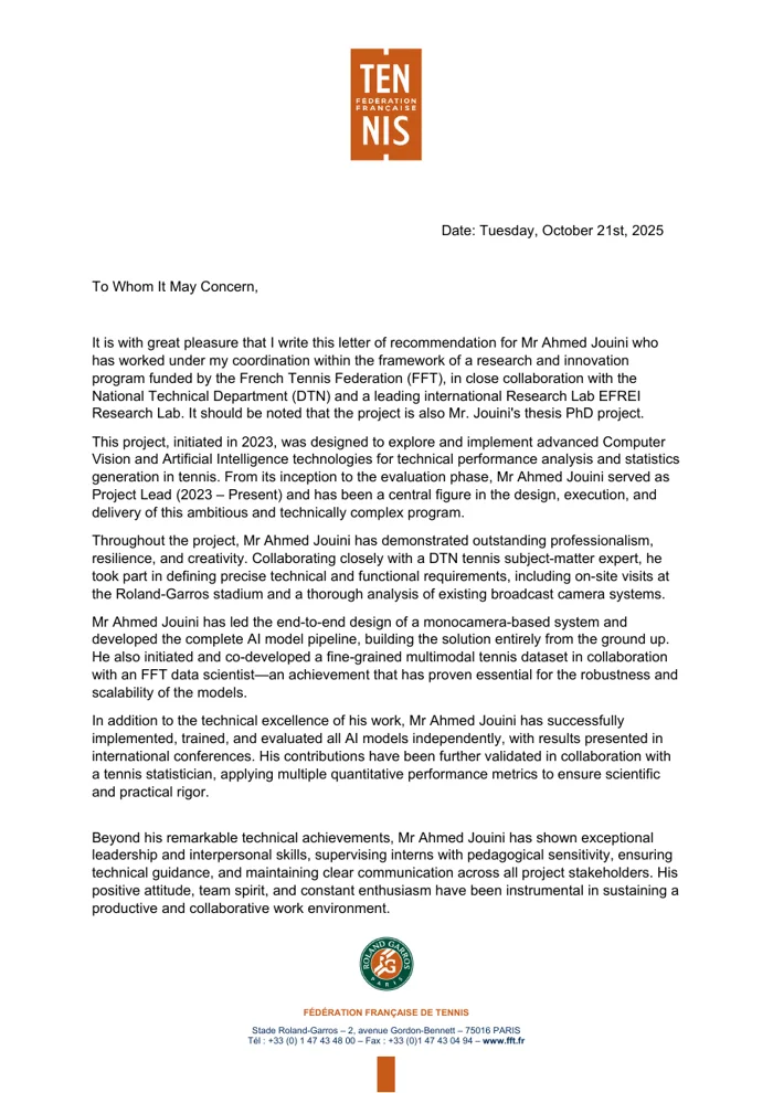 First page of the recommendation letter from the French Tennis Federation