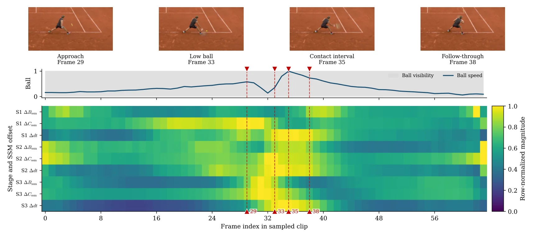 Ball-conditioned modulation in StrokeNet-v2: the offsets the ball injects into the Mamba-2 parameters peak around the low-ball contact of a half volley.